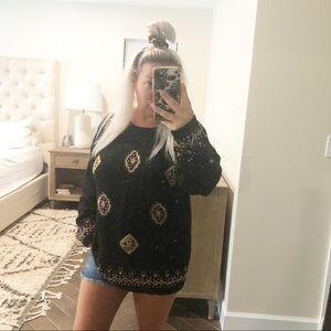 VINTAGE Black Knit Beaded Grandpa Pullover Sweater Christmas Sequin Medium